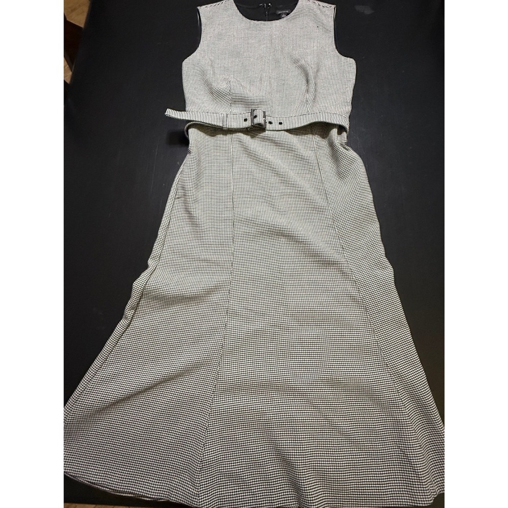 Ann Taylor Houndstooth Belted Sleeveless Midi Dress Black White Size 6